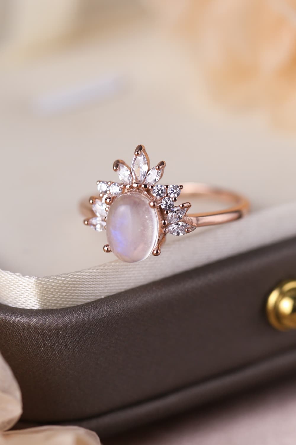 High Quality Natural Moonstone 18K Rose Gold-Plated 925 Sterling Silver Ring